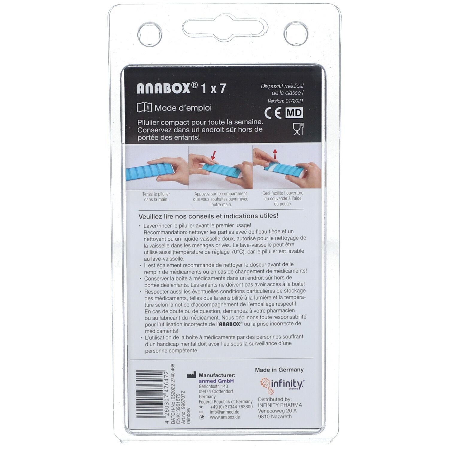 Achterkant van de Anabox 1x7 Rainbow verpakking. Tekst met gebruiksaanwijzing en CE-markering. Gemaakt in Duitsland.