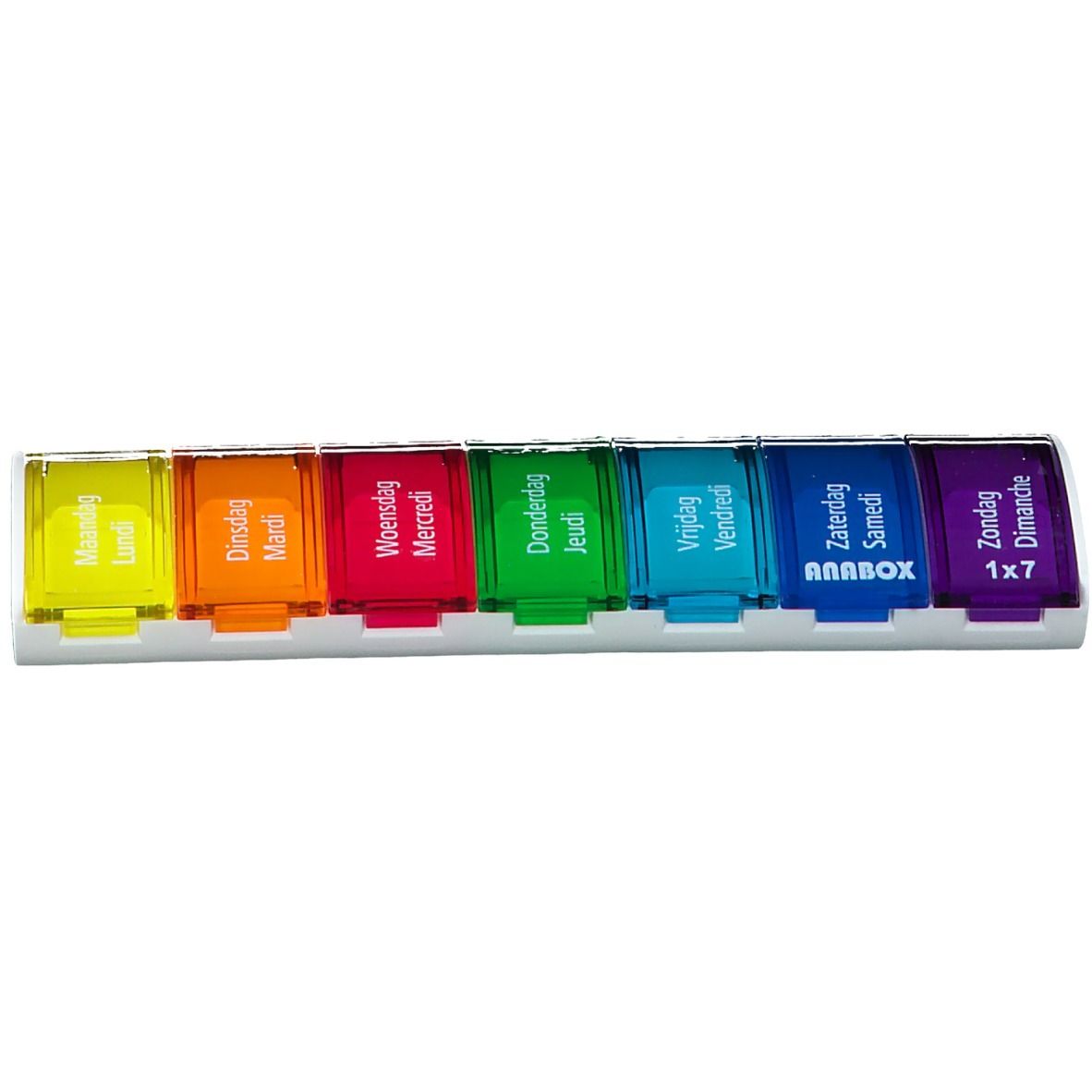 Anabox 1x7 Rainbow. Zeven gekleurde compartimenten, gelabeld met weekdagen. Gesloten deksels. Witte rand.