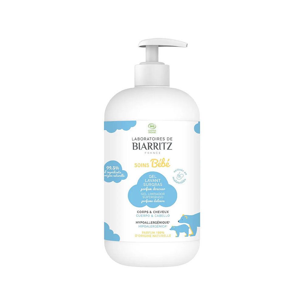 Flacon blanc avec pompe. Inscriptions: Laboratoires de Biarritz, Soins Bébé, Gel Lavant Surgras, Corps & Cheveux. Label bio.