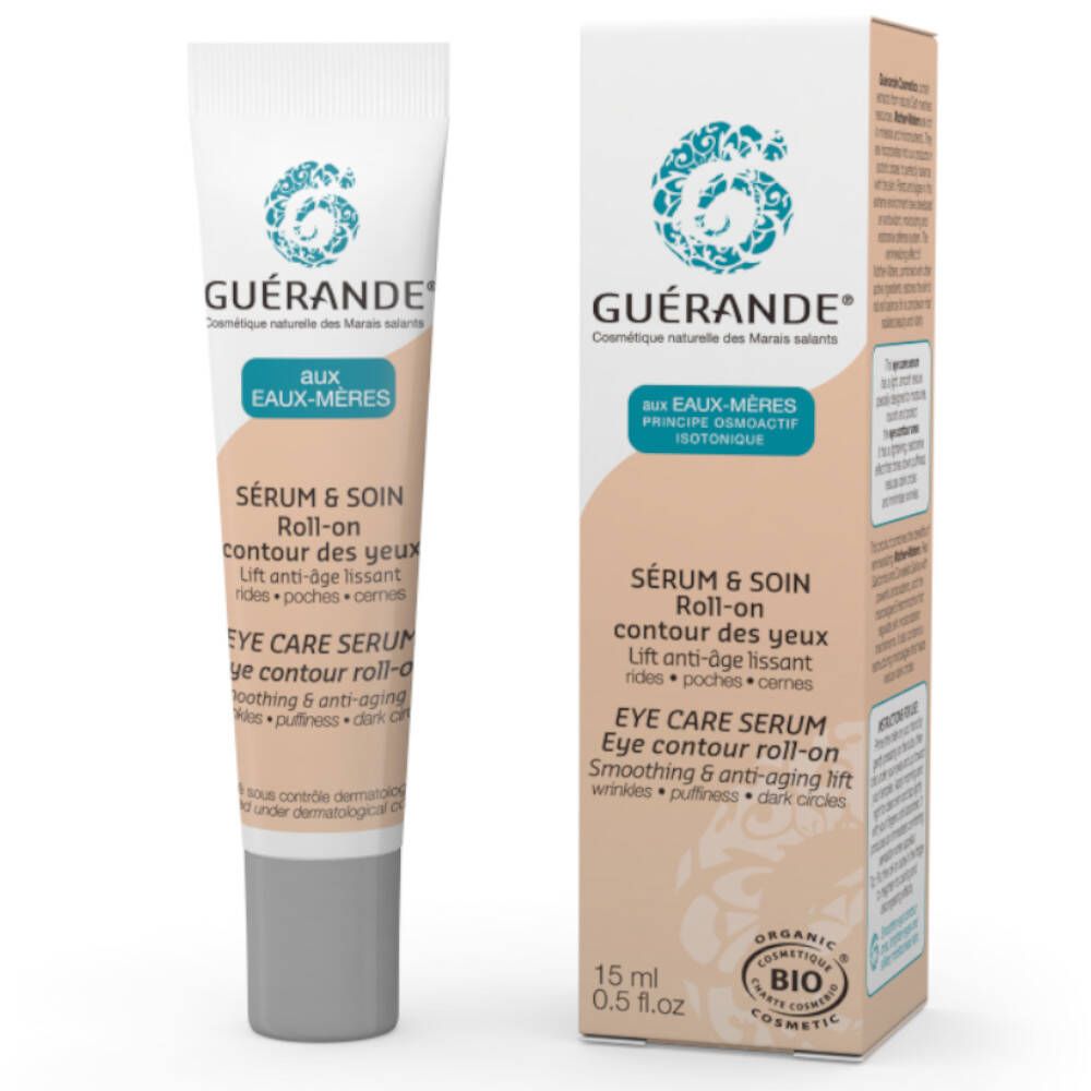 Sérum & soin roll-on. Tube et emballage. Marque GUÉRANDE®. Certification bio. Texte: soin des yeux, rides, poches.