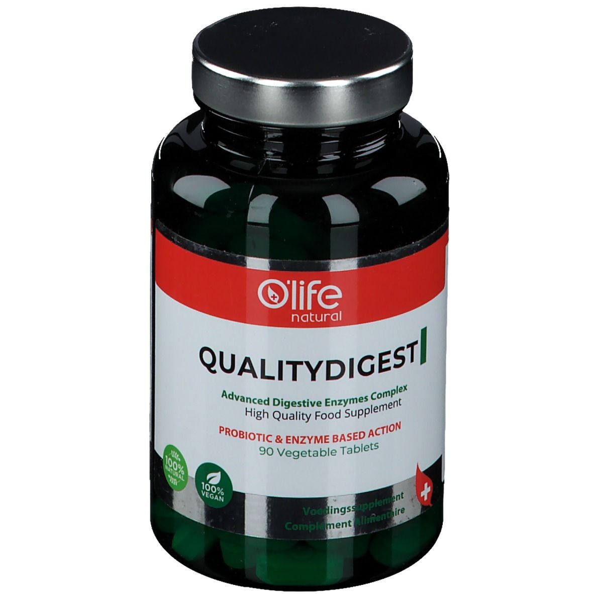 Flacon de comprimés vert avec bouchon noir. Étiquette rouge avec texte blanc : Quality Digest, O'Life natural. 90 comprimés.
