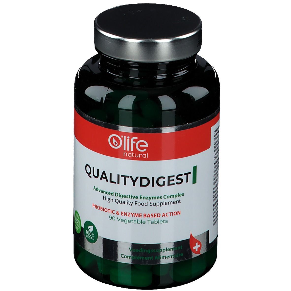 Flacon de comprimés vert avec bouchon noir. Étiquette rouge avec texte blanc : Quality Digest, O'Life natural. 90 comprimés.