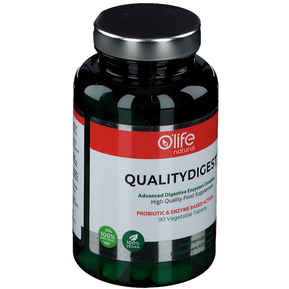 Flacon de comprimés vert avec bouchon noir. Étiquette rouge avec texte blanc : Quality Digest, O'Life natural. 90 comprimés. Label vegan.