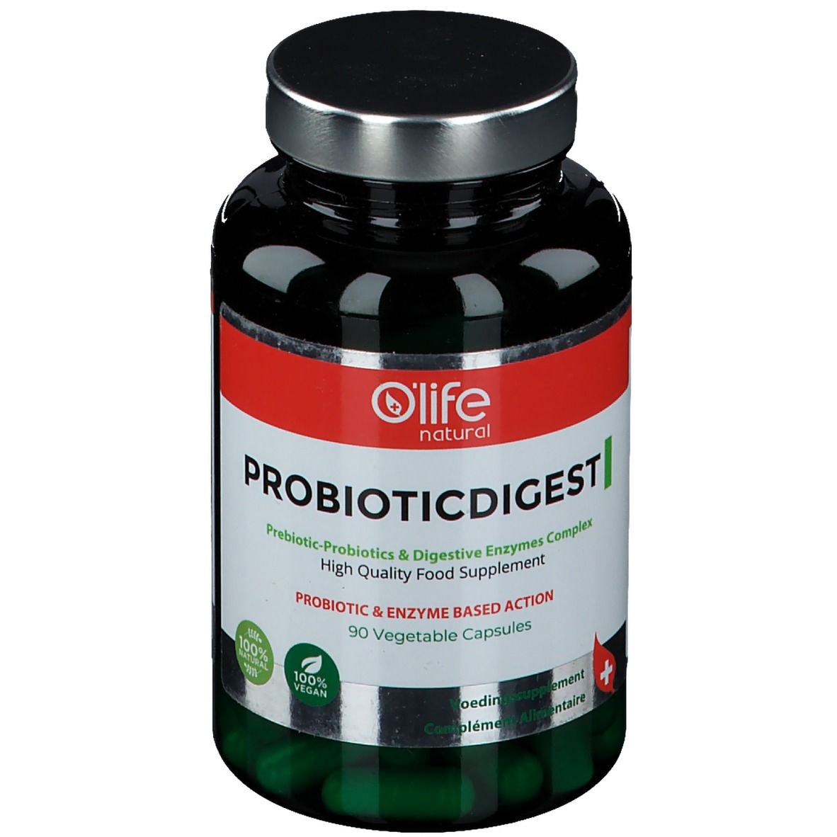 Flacon vert foncé avec bouchon argenté. L'étiquette indique "O'Life natural PROBIOTICDIGEST". Contient 90 gélules.