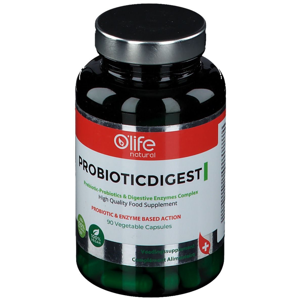 Flacon vert foncé avec bouchon argenté. L'étiquette indique "O'Life natural PROBIOTICDIGEST". Contient 90 gélules.