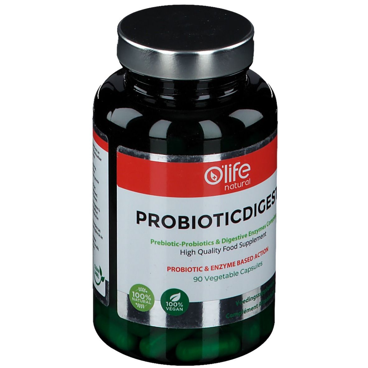 Flacon vert foncé avec bouchon argenté. L'étiquette indique "O'Life natural PROBIOTICDIGEST". Contient 90 gélules.