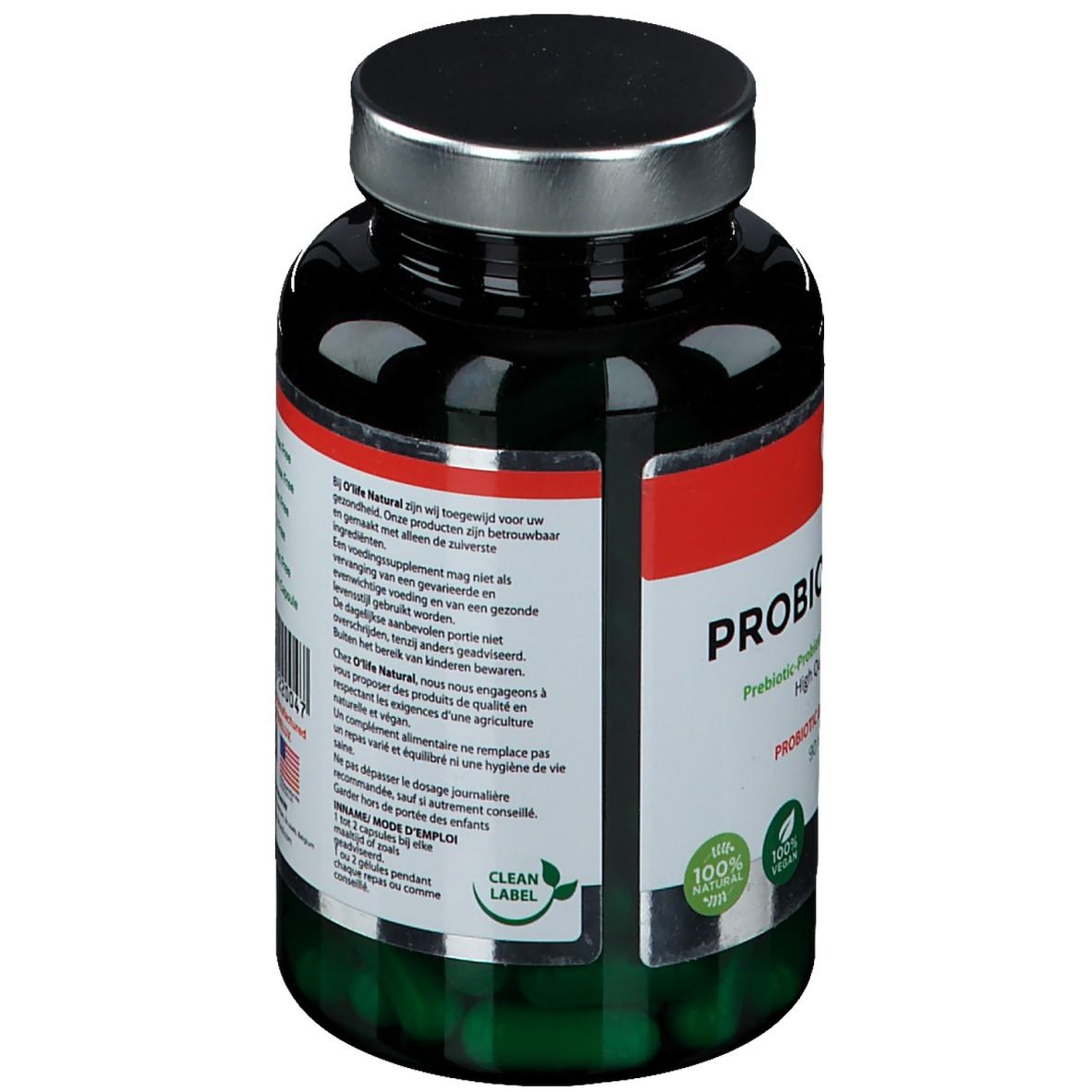 Flacon vert foncé avec bouchon argenté. L'étiquette indique "O'Life natural PROBIOTICDIGEST". Contient 90 gélules.