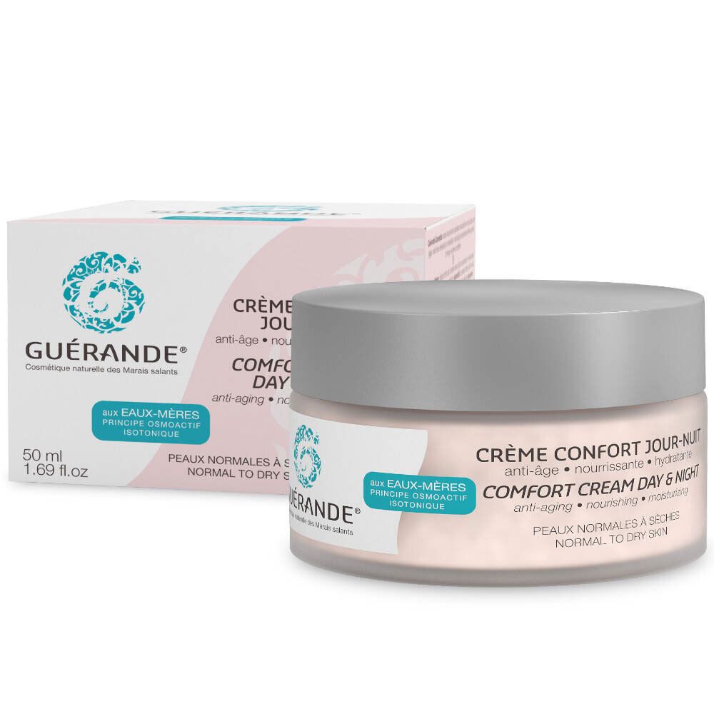 Creme-Tiegel und Schachtel. Aufschrift: GUÉRANDE, Crème Confort Jour-Nuit. Für normale bis trockene Haut. 50 ml.