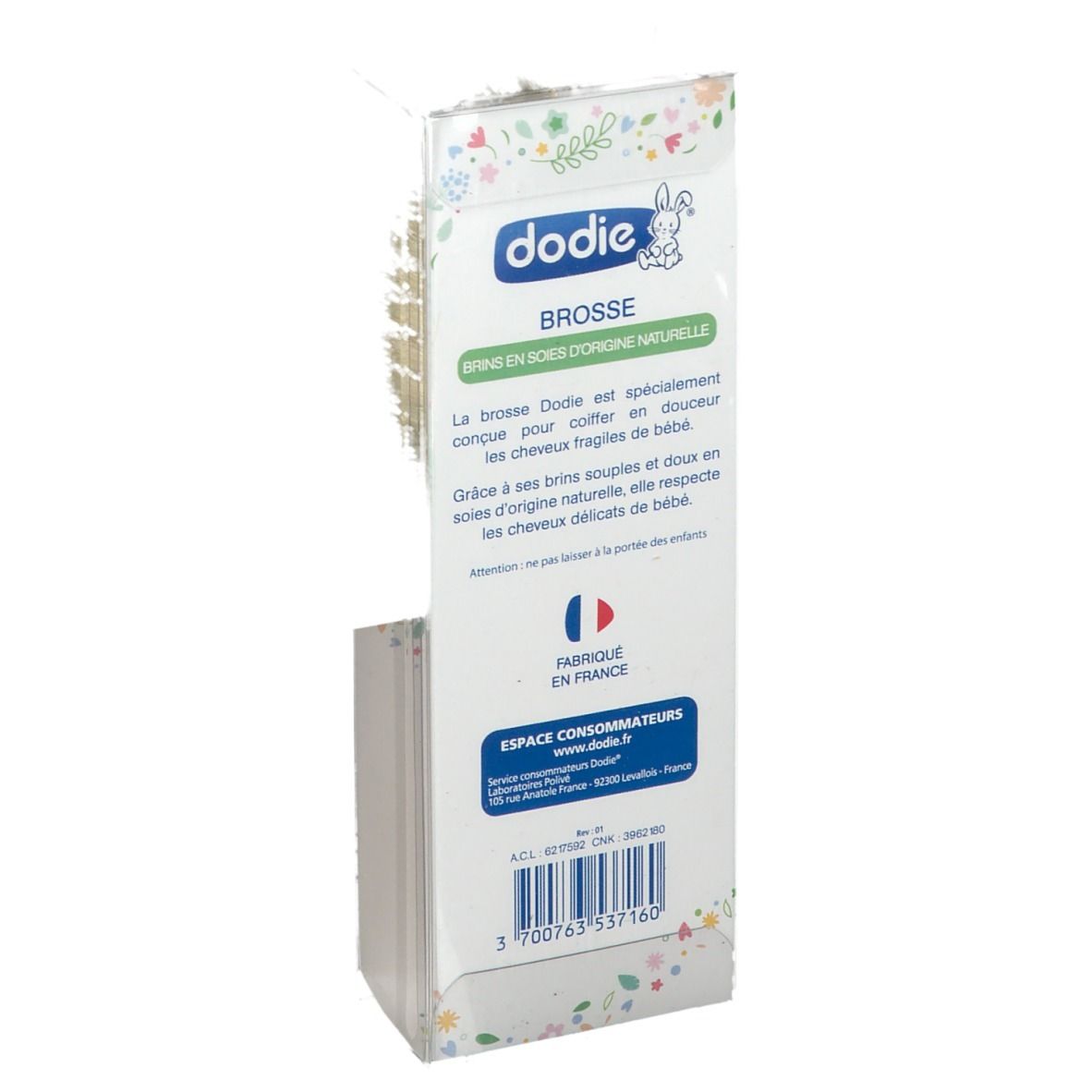 Emballage de la brosse à cheveux. Texte: Dodie, Brosse, Fabriqué en France. Informations sur la brosse.
