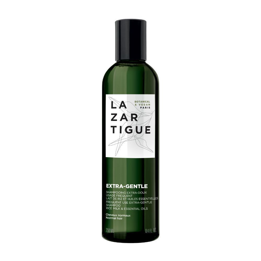 Groene fles met zwarte dop. Opschrift: LAZARTIGUE, EXTRA-GENTLE. Voor normaal haar.