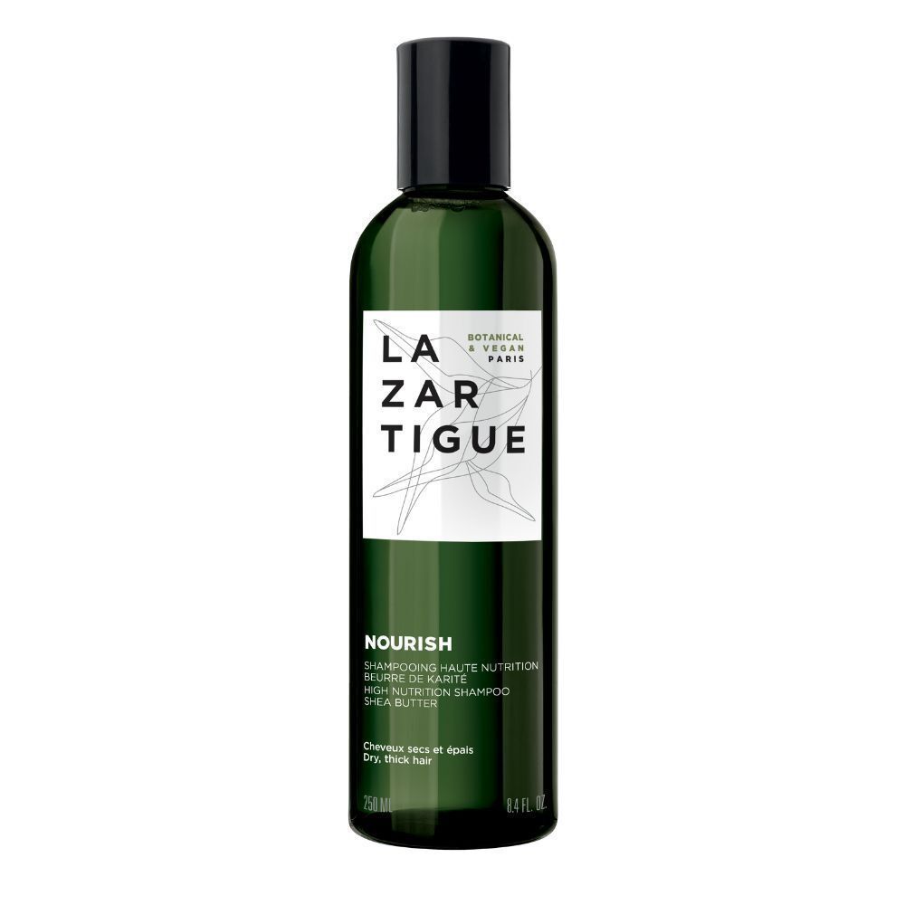 Flacon vert avec bouchon noir. Inscription : LAZARTIGUE, NOURISH, High Nutrition Shampoo. 250 ml.