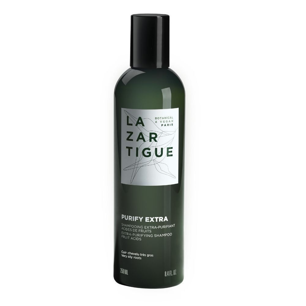 Groene fles met zwarte dop. Opschrift LAZARTIGUE en PURIFY EXTRA. 250 ml.