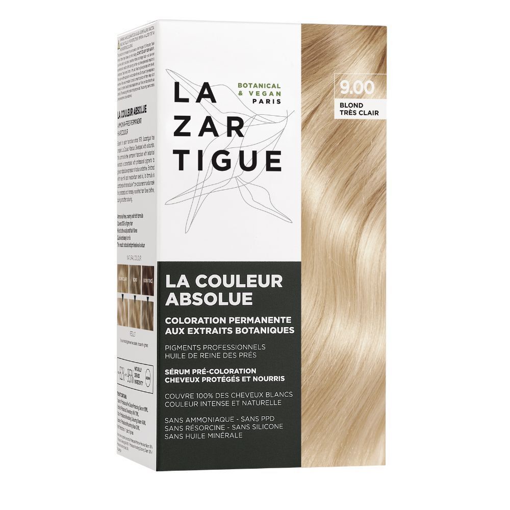 LAZARTIGUE LA COULEUR ABSOLUE 9.00. Blond très clair. Boîte avec image et texte du produit. Botanique & Vegan.