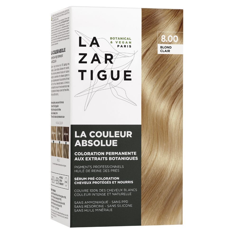 LAZARTIGUE La Couleur Absolue 8.00 Lichtblond. Verpakking met productafbeelding en tekst. Voorbeeld van lichtblond haar.