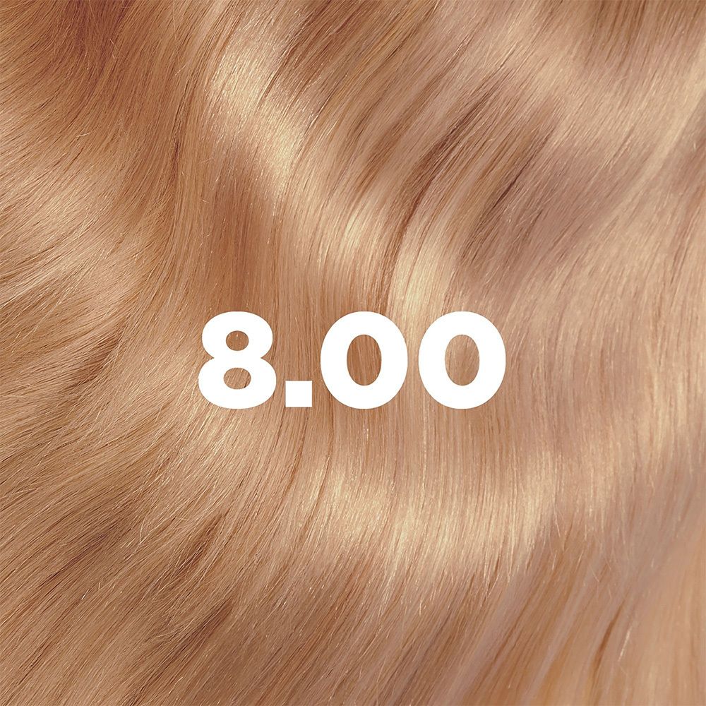 Lichtblond haar, tint 8.00. Textuur close-up van lichtblond haar. Het nummer 8.00 is duidelijk zichtbaar.