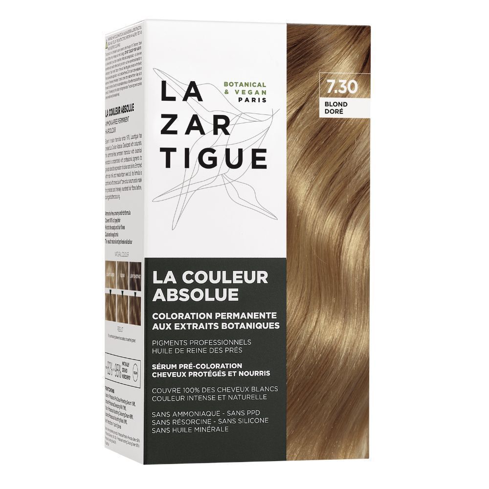 LAZARTIGUE LA COULEUR ABSOLUE. Haarkleur 7.30 Blond Doré. Verpakking met productinfo.