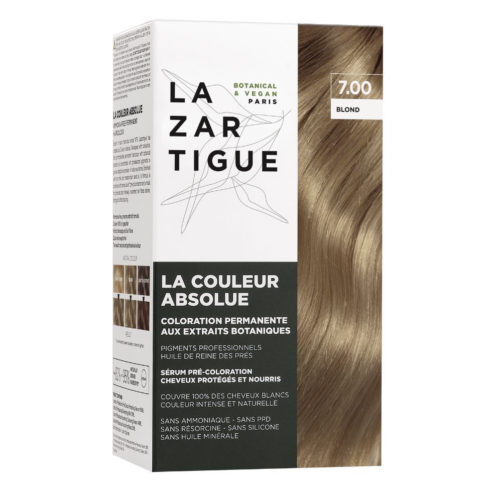 LAZARTIGUE LA COULEUR ABSOLUE 7.00 BLOND. Verpakking met productinfo en kleurstalen.