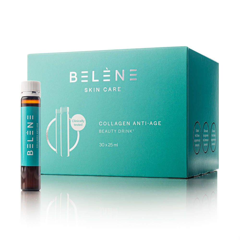 Une bouteille du produit à côté de l'emballage. Inscription: BELÈNE SKIN CARE, Collagen Anti-Age Beauty Drink, 30 x 25 ml.