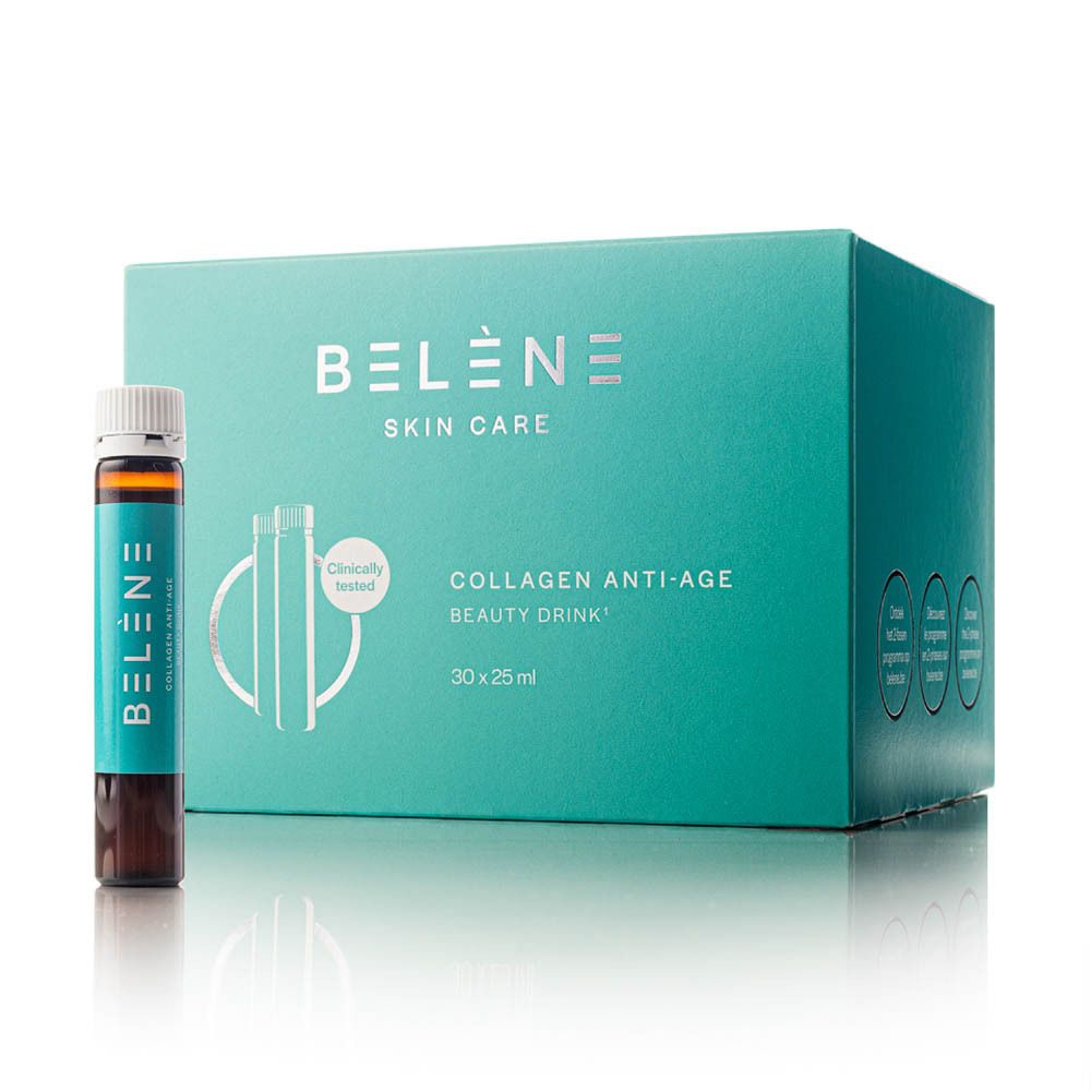 Een flesje van het product naast de verpakking. Opschrift: BELÈNE SKIN CARE, Collagen Anti-Age Beauty Drink, 30 x 25 ml.