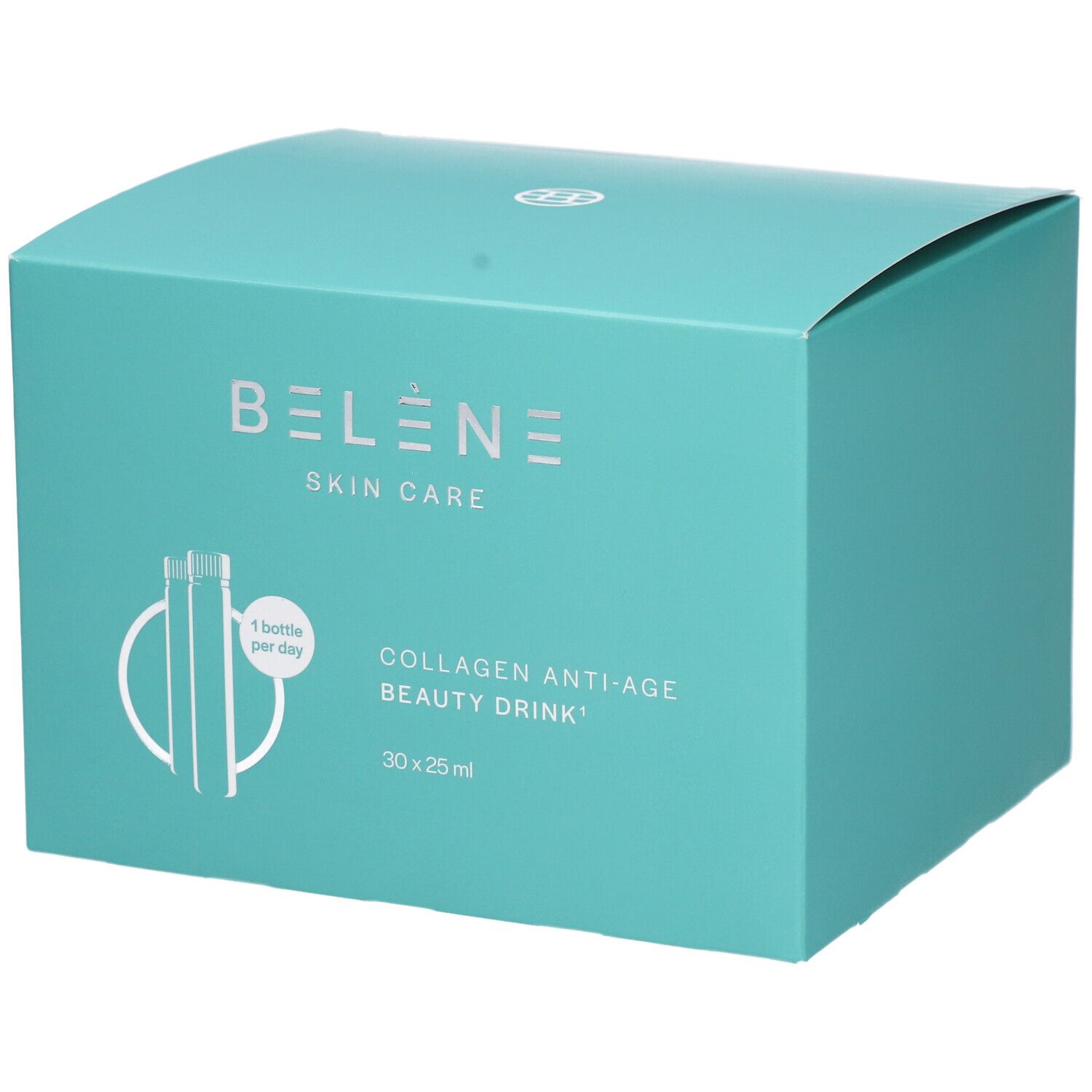 Turquoise doos met productinformatie. Opschrift: BELÈNE SKIN CARE, Collagen Anti-Age Beauty Drink, 30 x 25 ml.