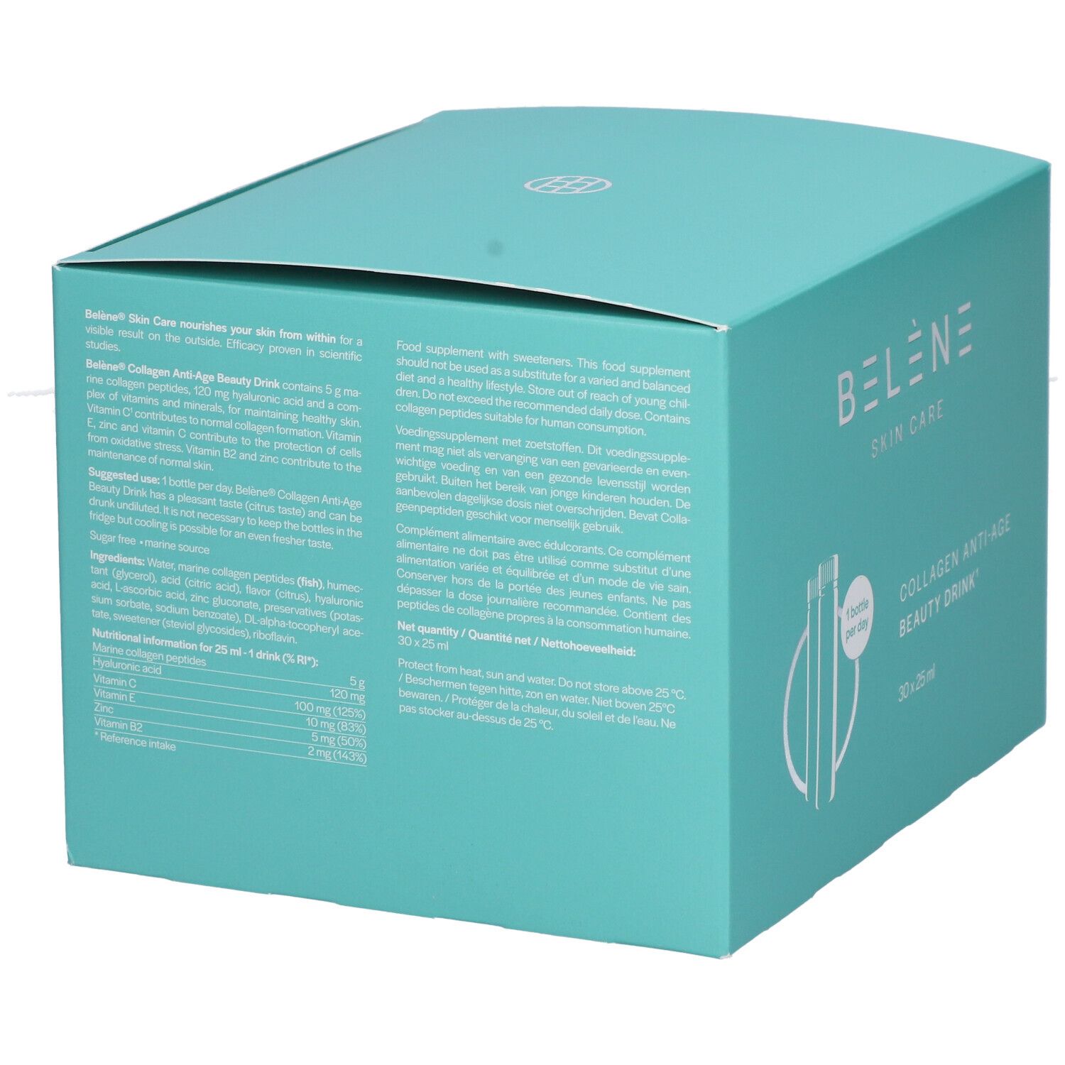 Achterkant van de turquoise doos. Tekst met productinformatie, ingrediënten en voedingswaarden.