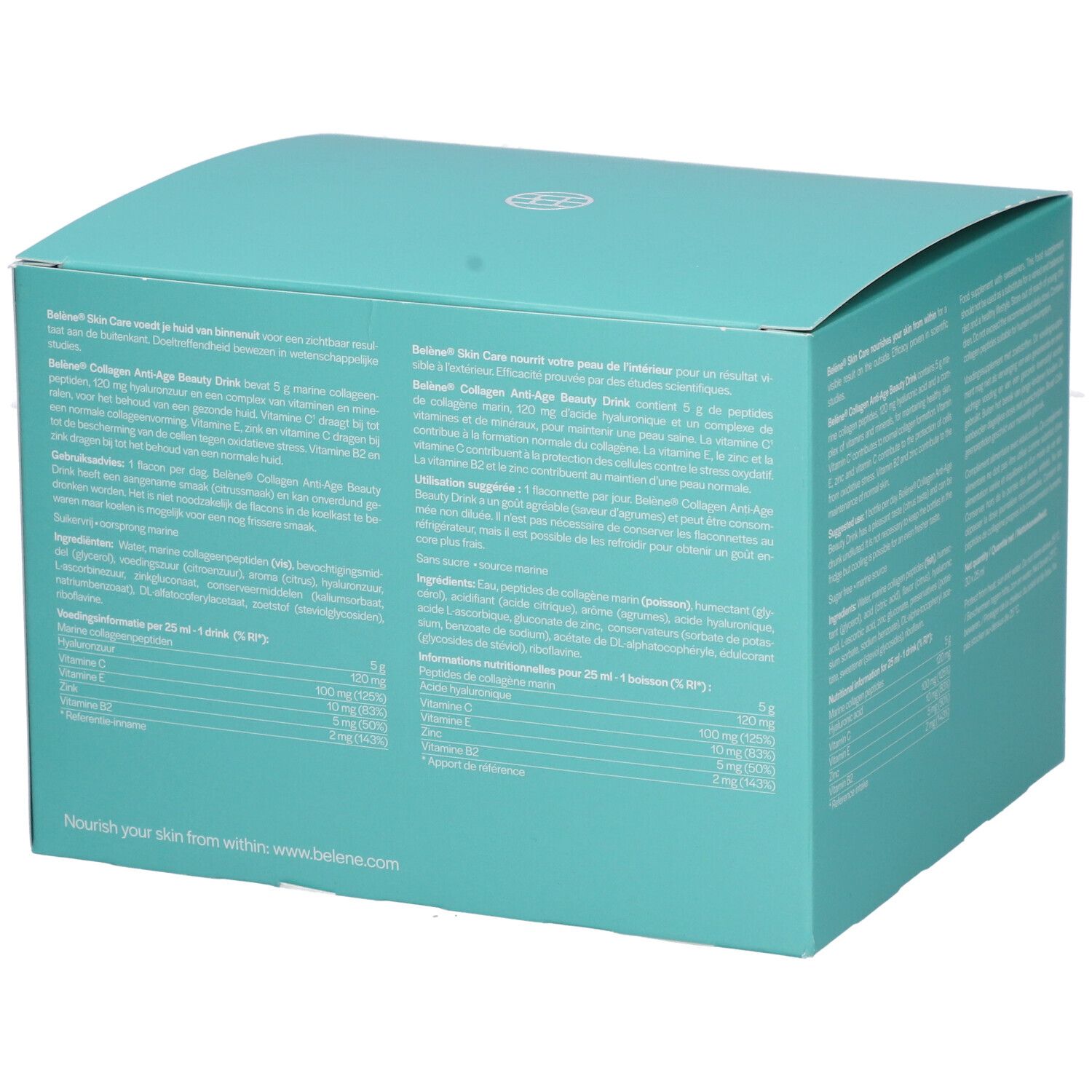 Achterkant van de turquoise doos. Tekst met productinformatie, ingrediënten en voedingswaarden.