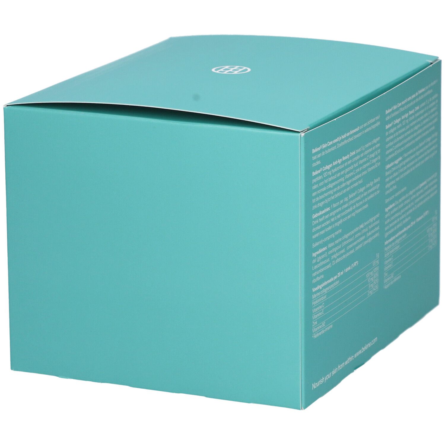 Turquoise doos met afgeronde hoeken. Logo bovenaan.