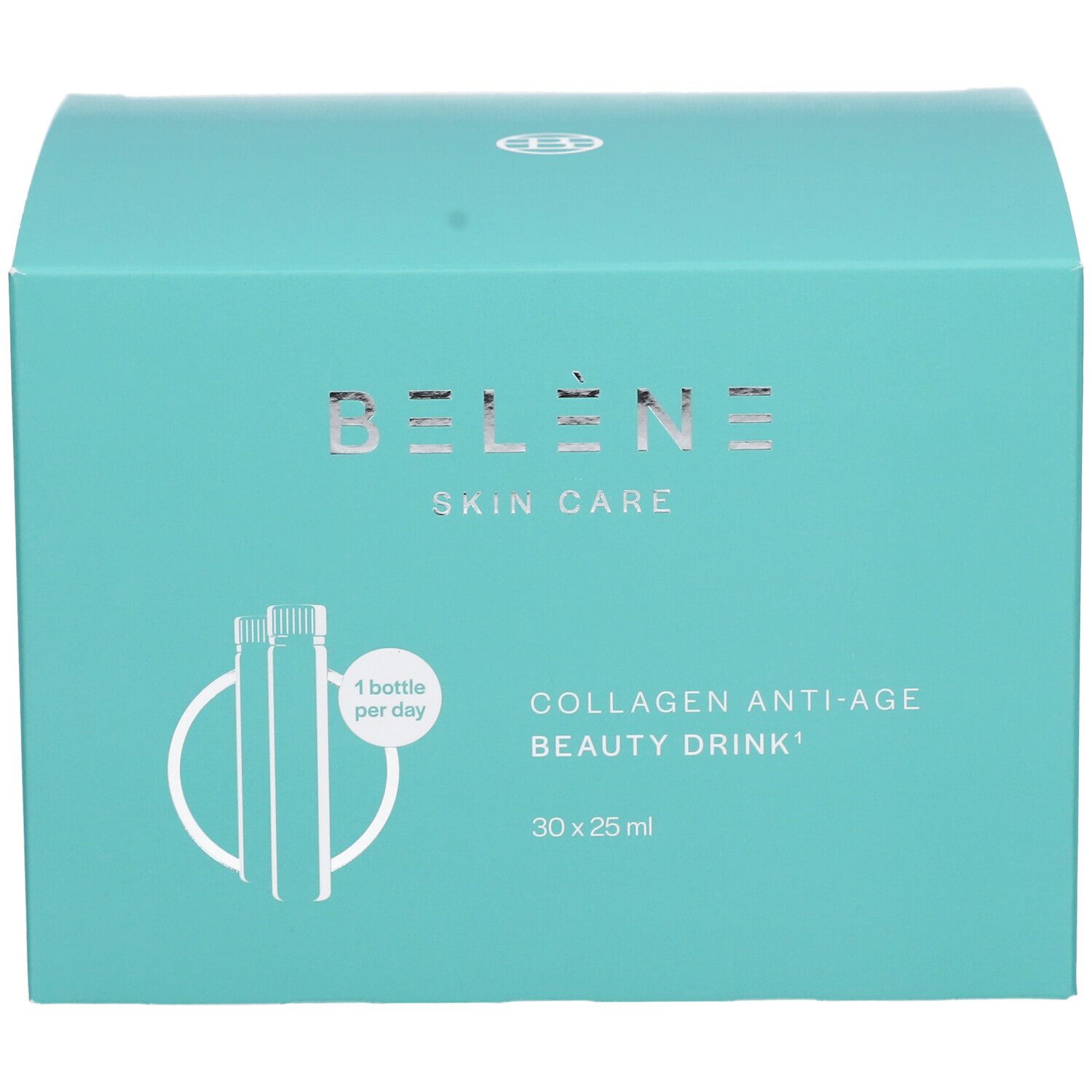 Turquoise doos met productinformatie. Opschrift: BELÈNE SKIN CARE, Collagen Anti-Age Beauty Drink, 30 x 25 ml.