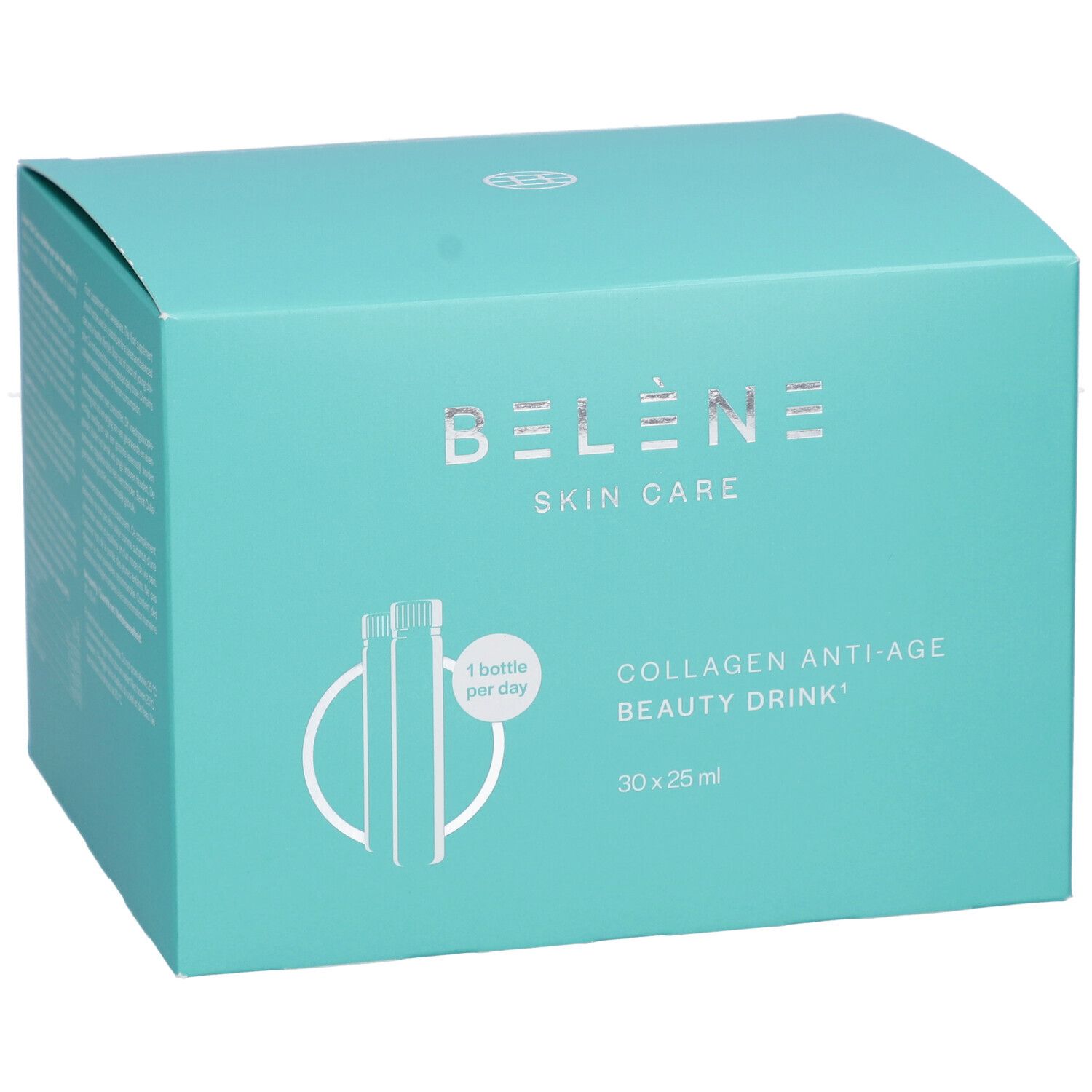Turquoise doos met productinformatie. Opschrift: BELÈNE SKIN CARE, Collagen Anti-Age Beauty Drink, 30 x 25 ml.