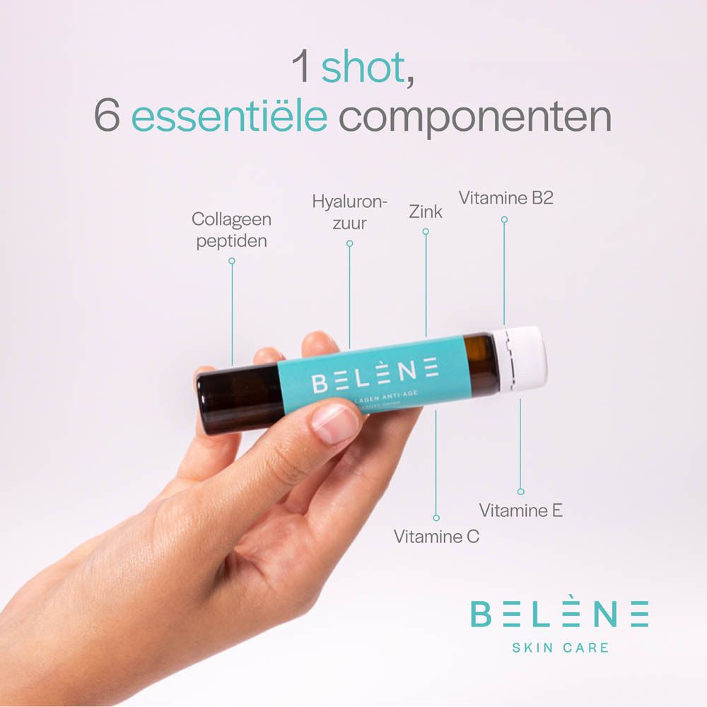 Hand houdt een flesje vast. Opschrift: BELÈNE SKIN CARE, 6 ingrediënten, Vitamine B2, E, C, Zink, Hyaluronzuur, Collageenpeptiden.