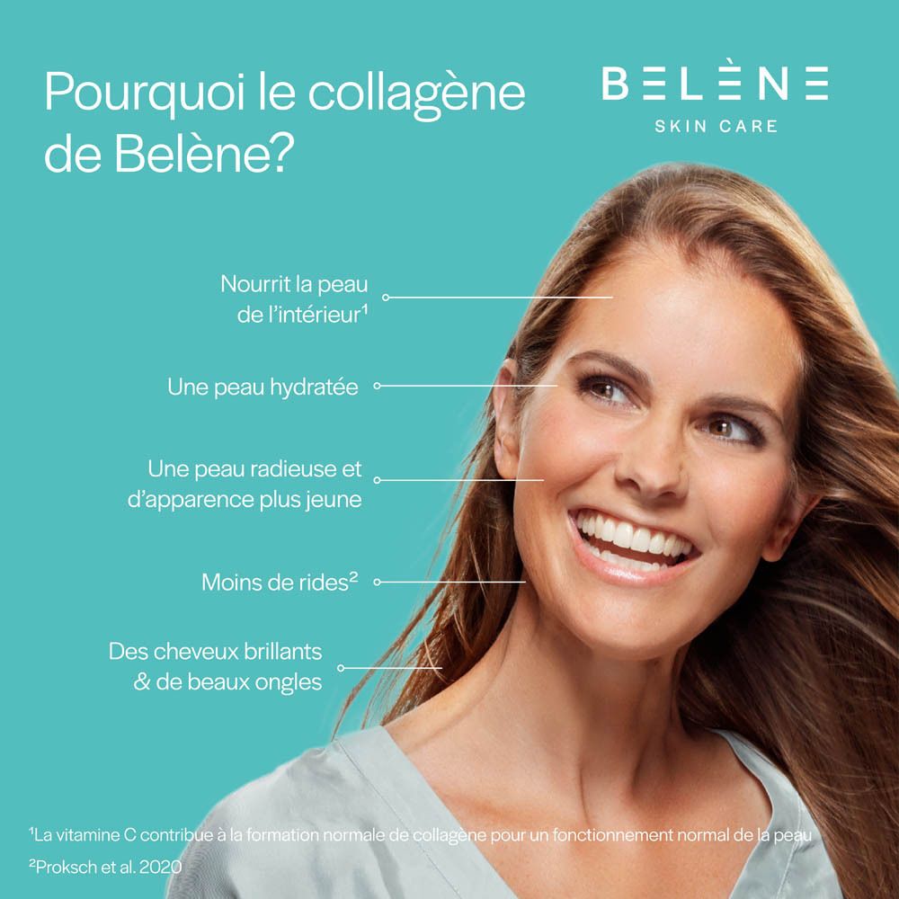 Femme souriante. Texte: Pourquoi le collagène de Belène? Nourrit la peau, peau hydratée, radieuse, moins de rides, beaux cheveux.