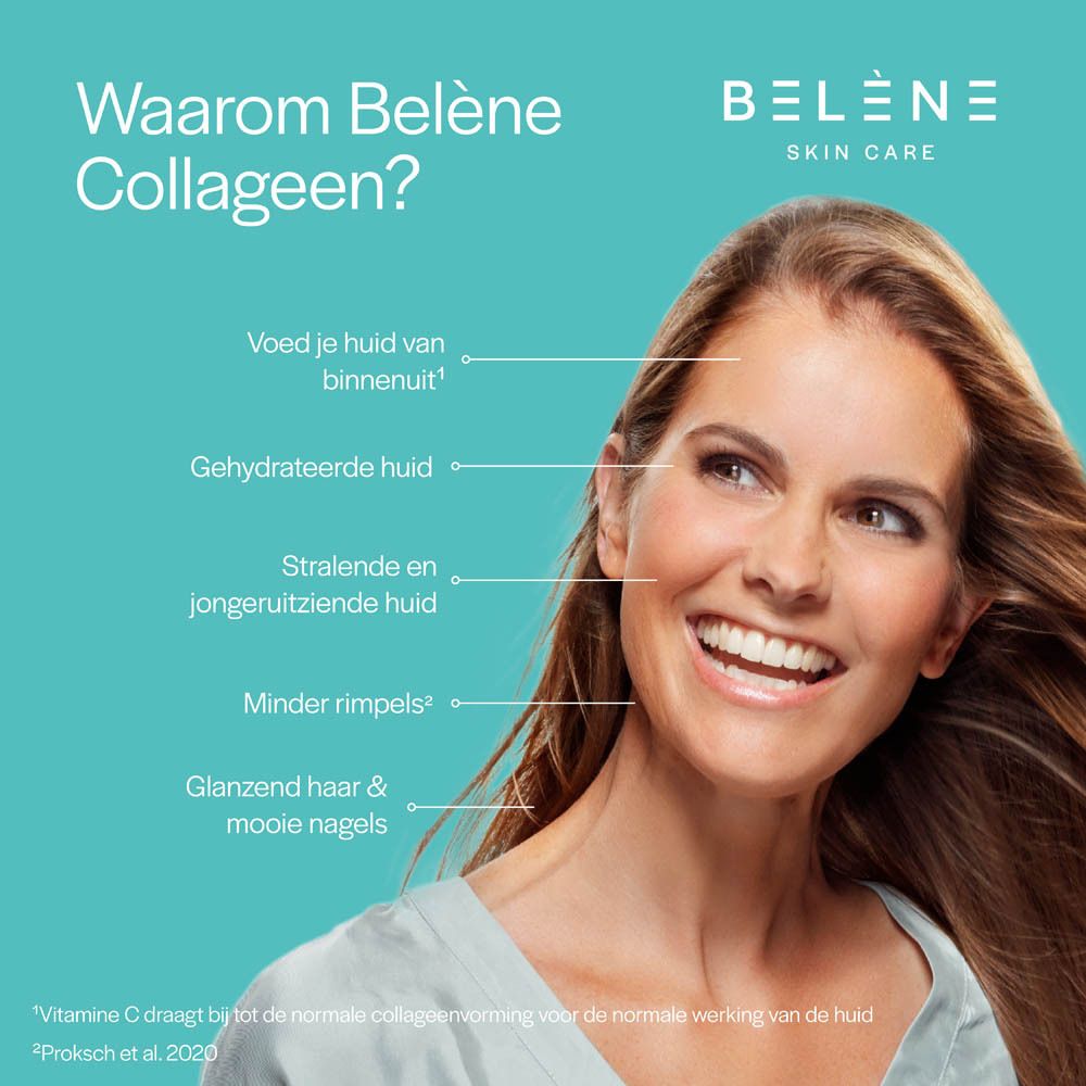 Vrouw lacht. Tekst: Waarom Belène Collageen? Voedt de huid, gehydrateerde huid, stralend, minder rimpels, mooi haar.