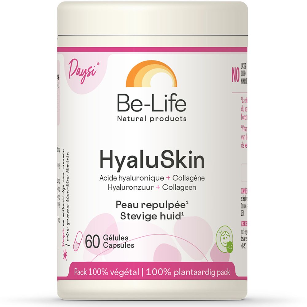 Be-Life HyaluSkin, 60 capsules. Opschrift: 'Peau repulpée'. Cilindrische verpakking.