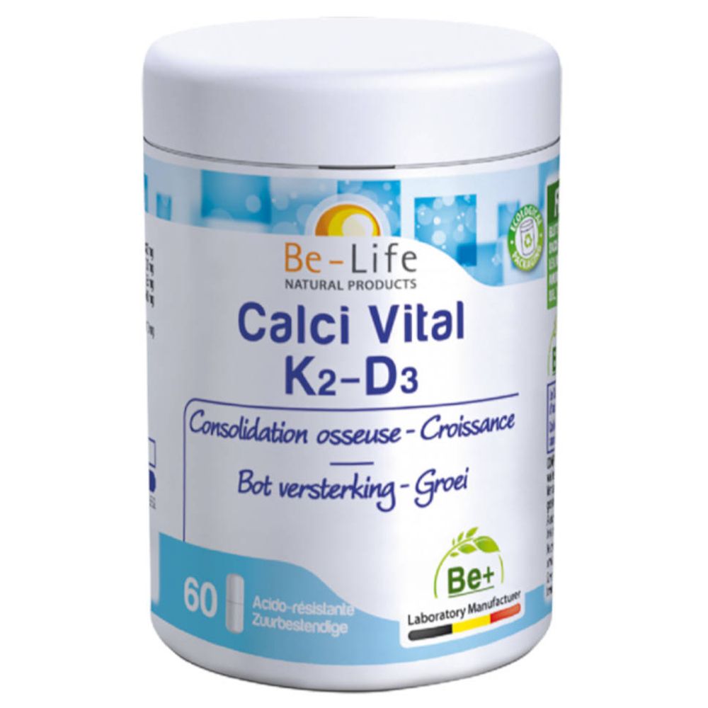 Boîte blanche Be-Life Calci Vital K2-D3. Étiquette bleue avec texte: Calci Vital K2-D3, 60 comprimés. Logo: Be-Life Natural Products.