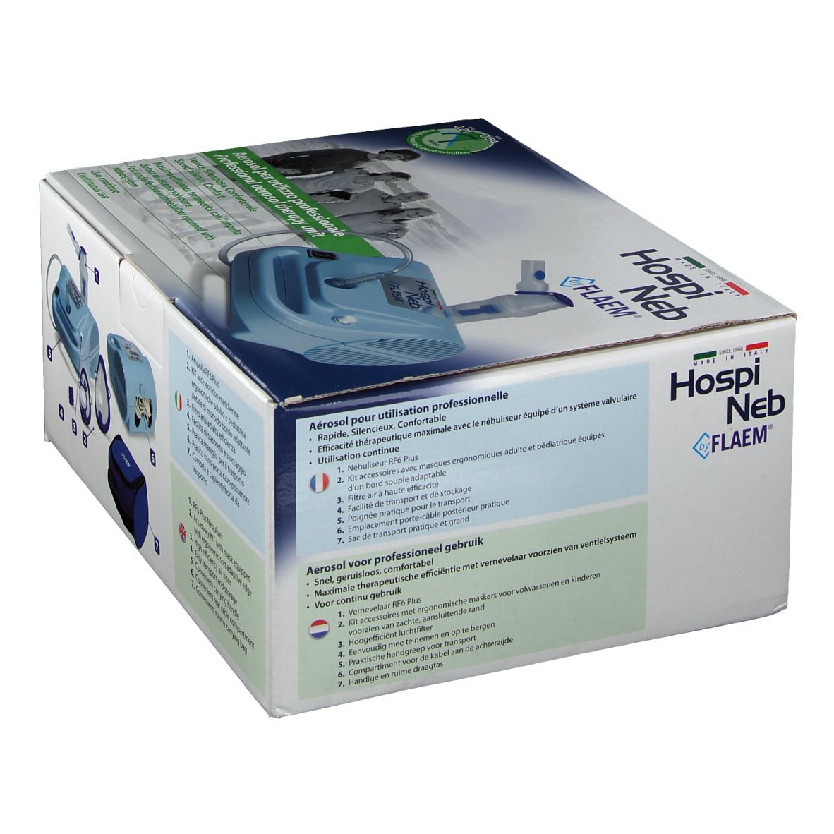 Emballage de Hospineb Aerosol. Inscriptions: Hospineb, FLAEM. Texte en français. Illustrations de l'appareil et des accessoires.