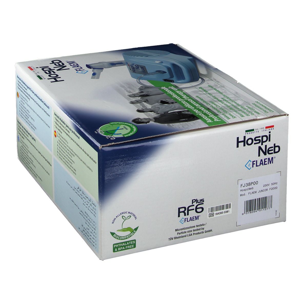 Emballage de Hospineb Aerosol. Inscriptions: Hospineb, FLAEM, FJ38P00, RF6. Logo pour matériaux respectueux de l'environnement.