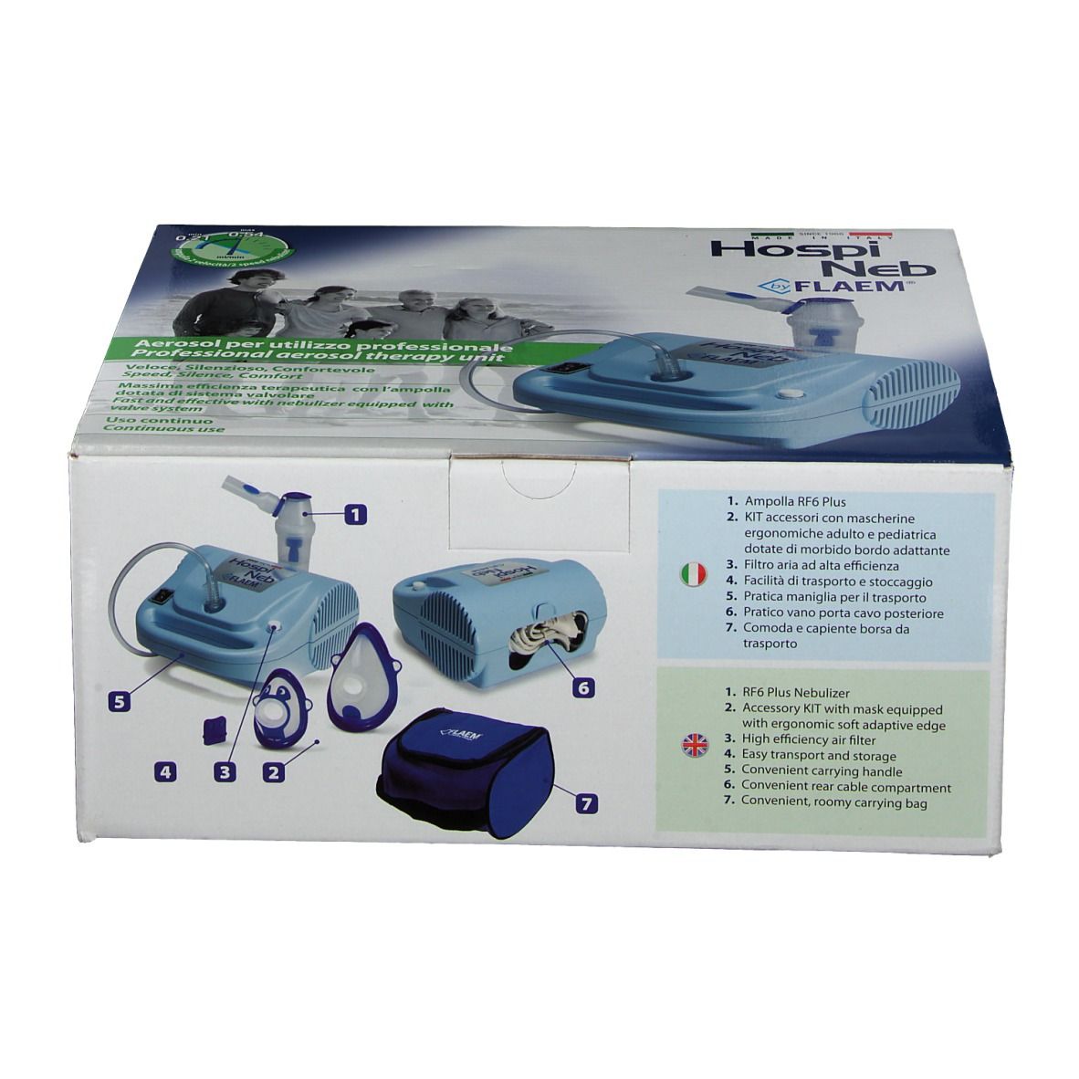 Emballage de Hospineb Aerosol. Inscriptions: Hospineb, FLAEM. Illustrations de l'appareil et des accessoires. Texte multilingue.