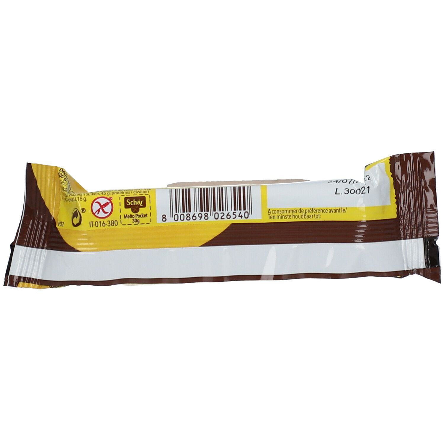 Dos de l'emballage de la barre chocolatée avec code-barres, logo "Schär" et symbole sans gluten. Texte et date limite.