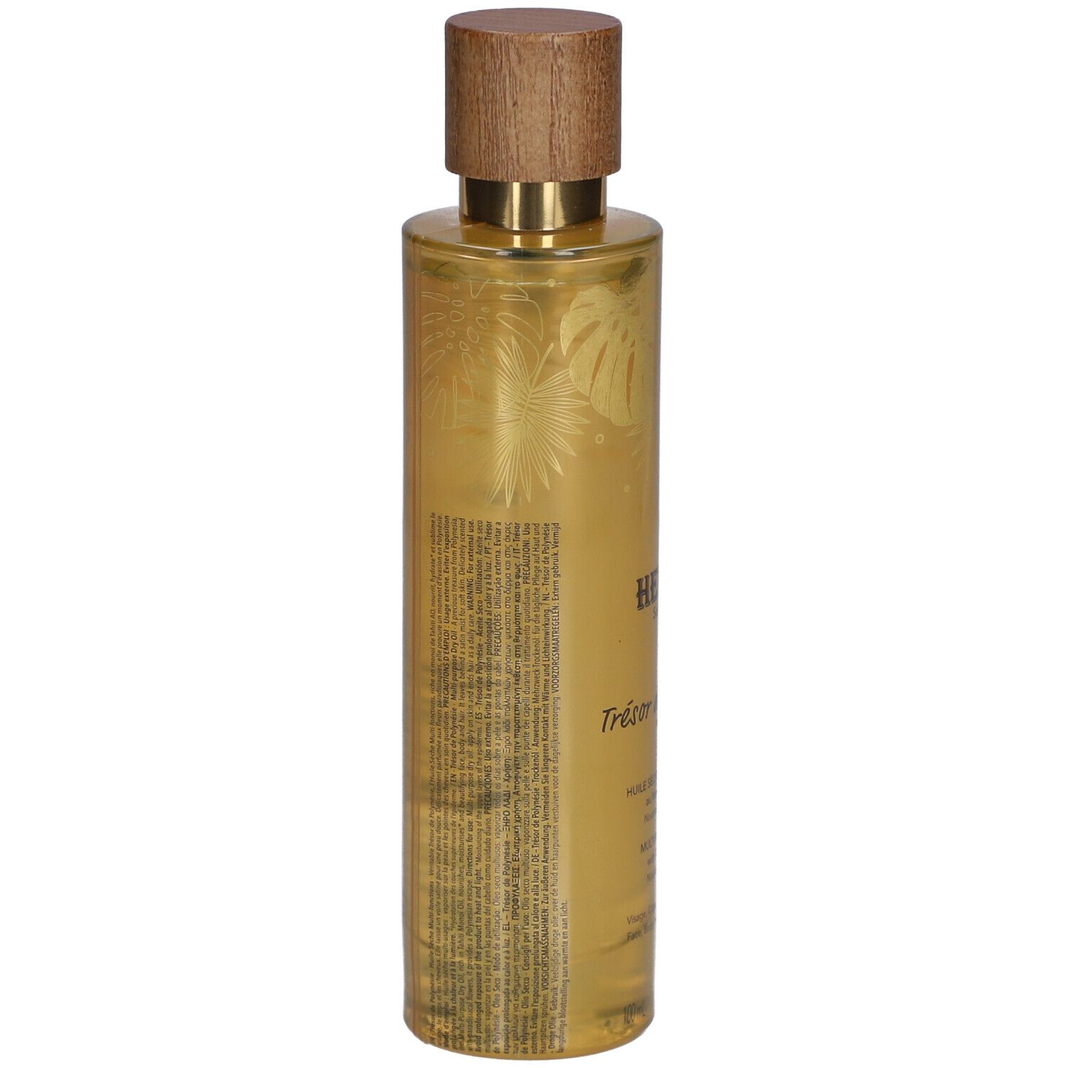 Flacon doré avec bouchon en bois. Texte en français. Informations produit et ingrédients.