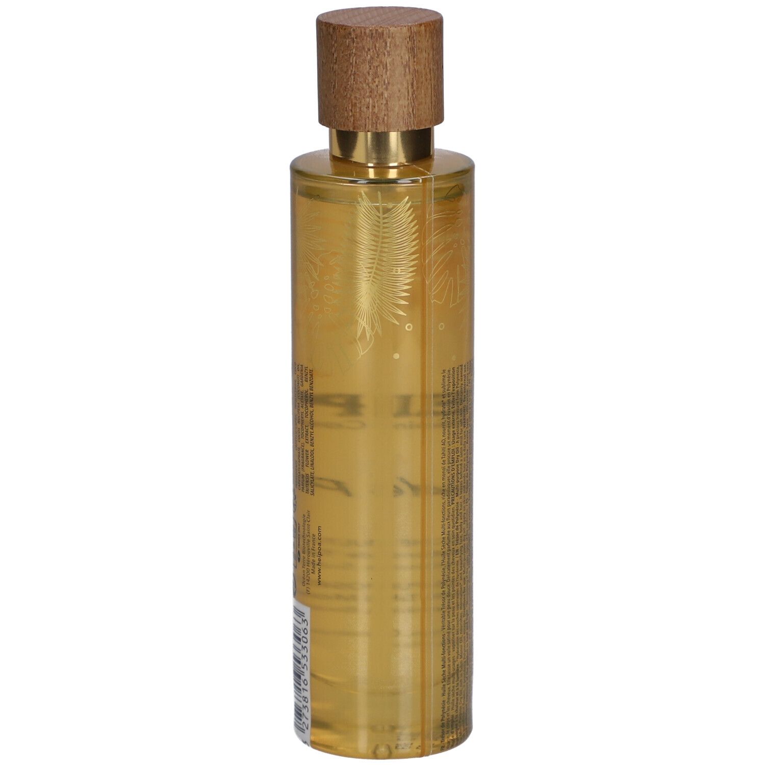 Flacon doré avec bouchon en bois. Texte en français. Informations produit et ingrédients.