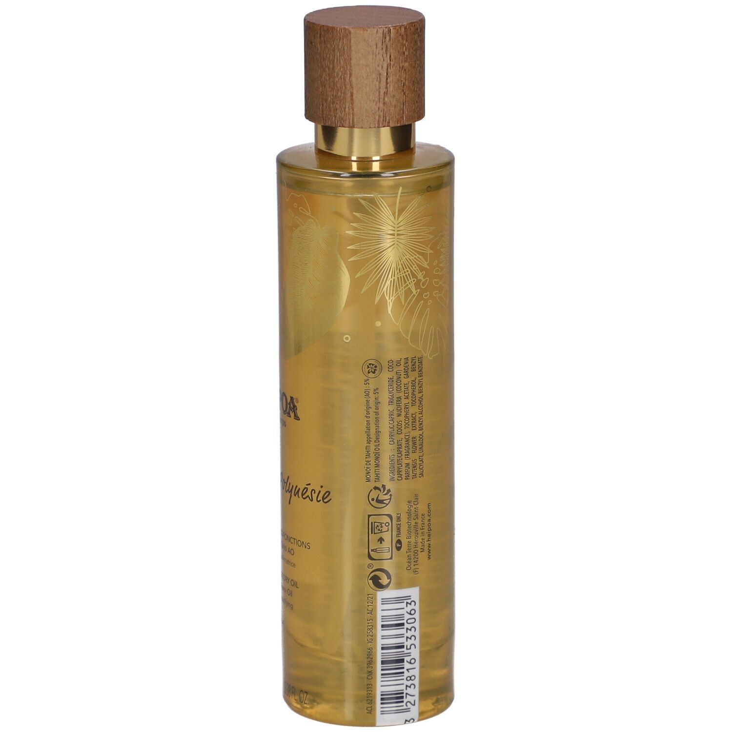 Flacon doré avec bouchon en bois. Inscription: HEI POA, Trésor de Polynésie. Informations produit et code-barres.