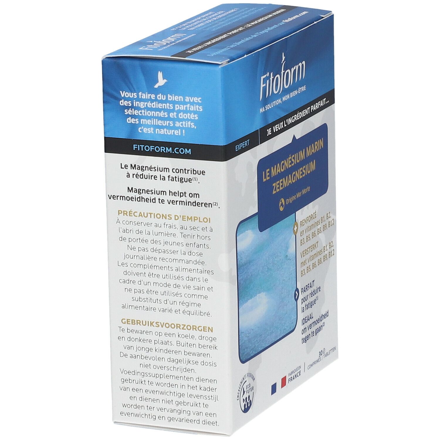Boîte Fitoform, bleu et blanc. Texte: Le Magnésium Marin, 30 comprimés. Contient magnésium, vitamines B. Fabriqué en France.