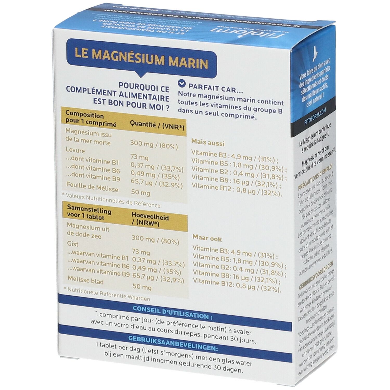 Boîte Fitoform, dos. Ingrédients et informations nutritionnelles. Texte: Le Magnésium Marin. 30 comprimés. Conseils d'utilisation.