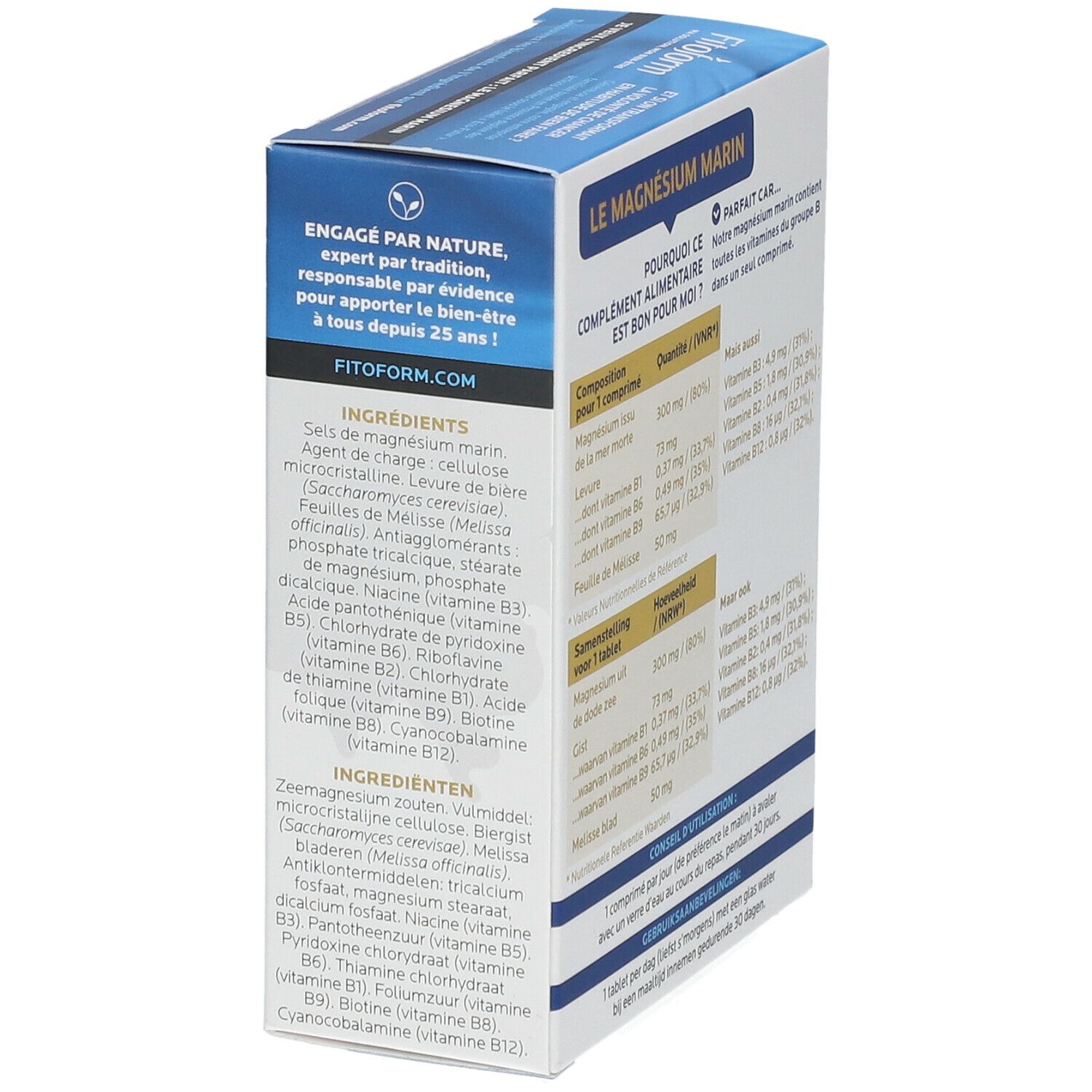 Boîte Fitoform, côté. Ingrédients et informations nutritionnelles. Texte: Le Magnésium Marin. 30 comprimés. Fabriqué en France.