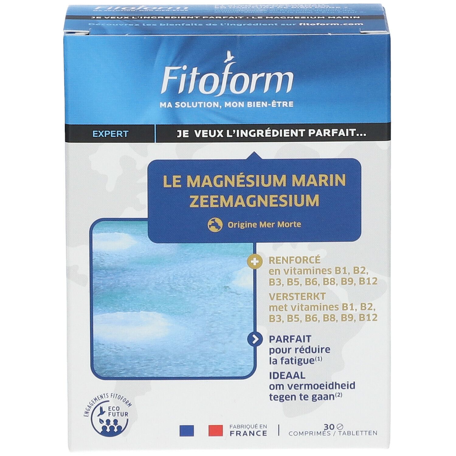 Boîte Fitoform, face. Texte: Le Magnésium Marin, Zeemagnesium. 30 comprimés. Renforcé en vitamines B1, B2, B3, B5, B6, B8, B9, B12.