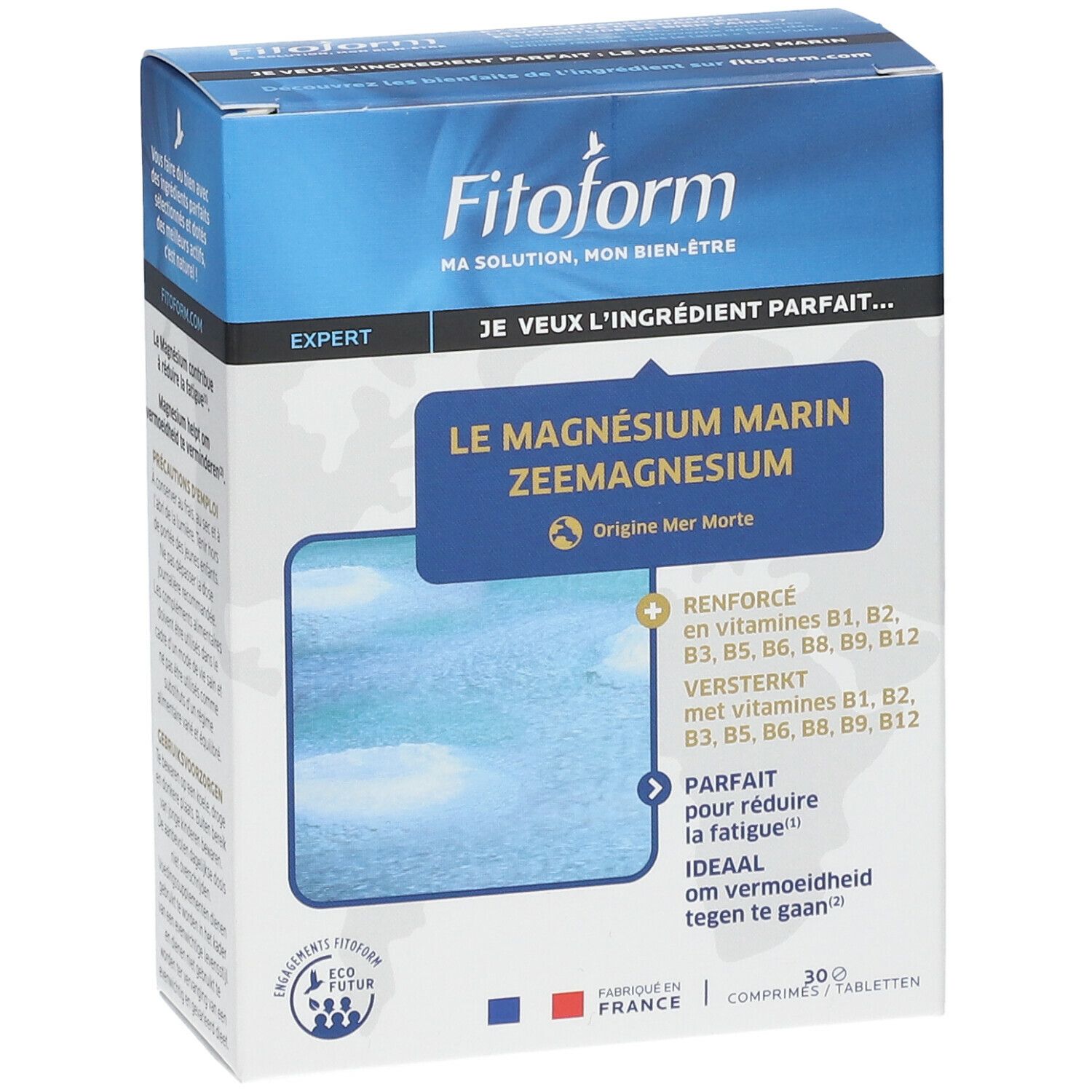 Boîte Fitoform, face. Texte: Le Magnésium Marin, Zeemagnesium. 30 comprimés. Renforcé en vitamines B1, B2, B3, B5, B6, B8, B9, B12.