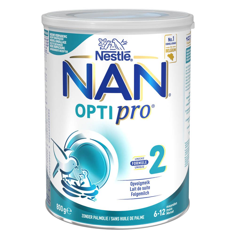 Nestlé NAN OptiPro 2 melkpoeder. Blauw-wit design. 800g. Aanbevolen voor 6-12 maanden.