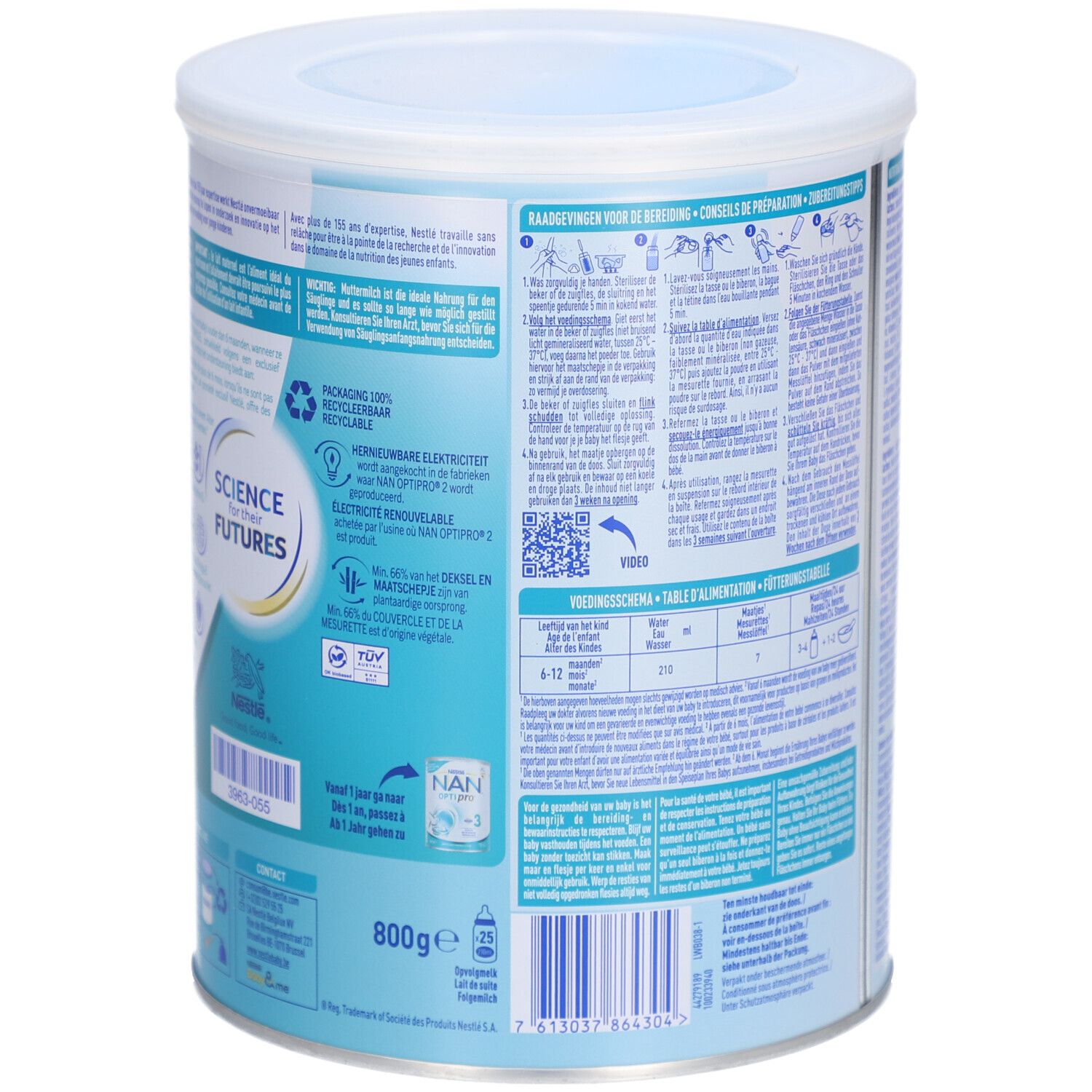 Achterkant van de Nestlé NAN OptiPro 2-verpakking. Bereidingsinstructies en recyclinginformatie.