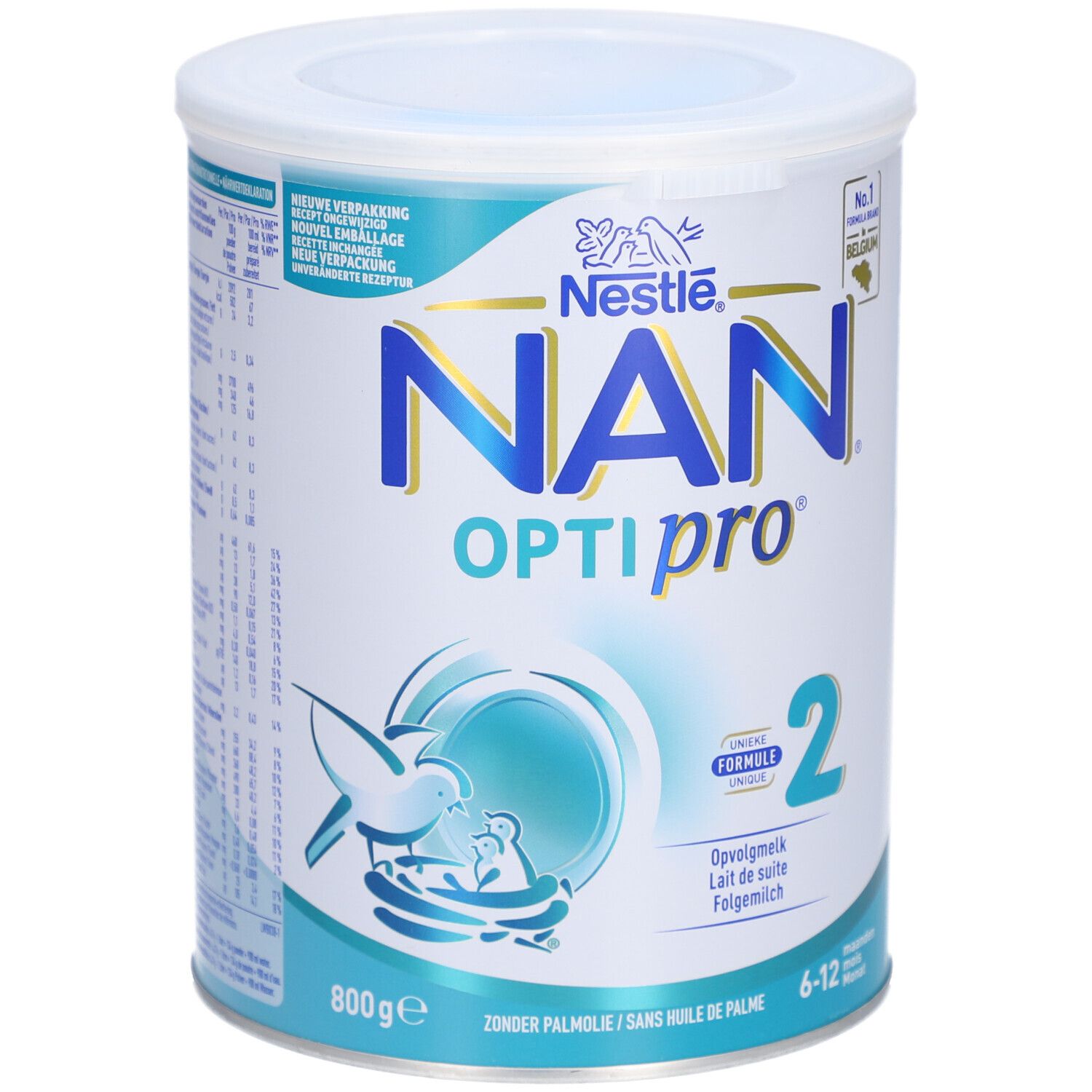 Nestlé NAN OptiPro 2 melkpoeder. Blauw-wit design. 800g. Aanbevolen voor 6-12 maanden.