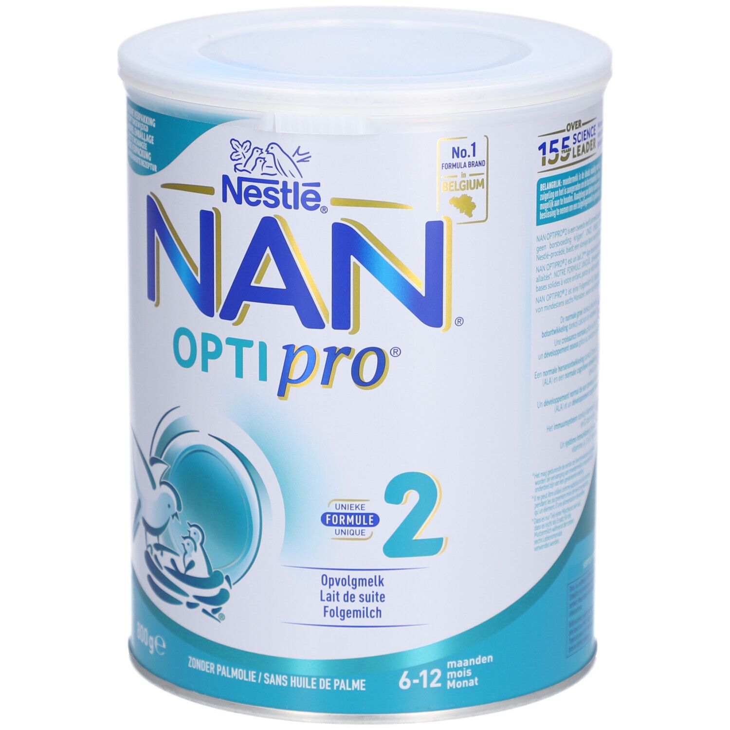 Nestlé NAN OptiPro 2 melkpoeder. Blauw-wit design. 800g. Aanbevolen voor 6-12 maanden.
